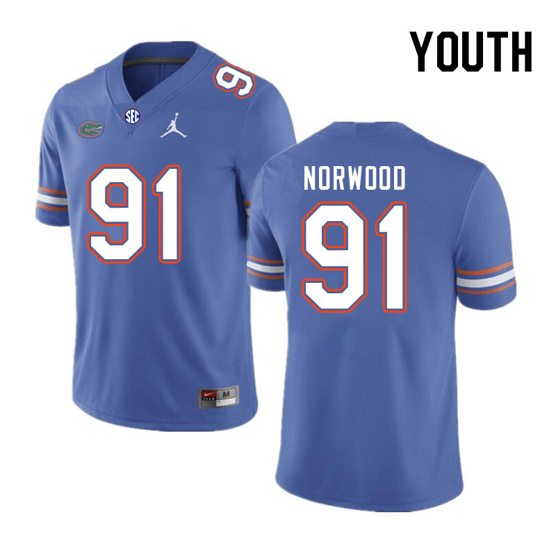 Youth #91 Tyreik Norwood Florida Gators College Football Jerseys Stitched-Royal - Click Image to Close
